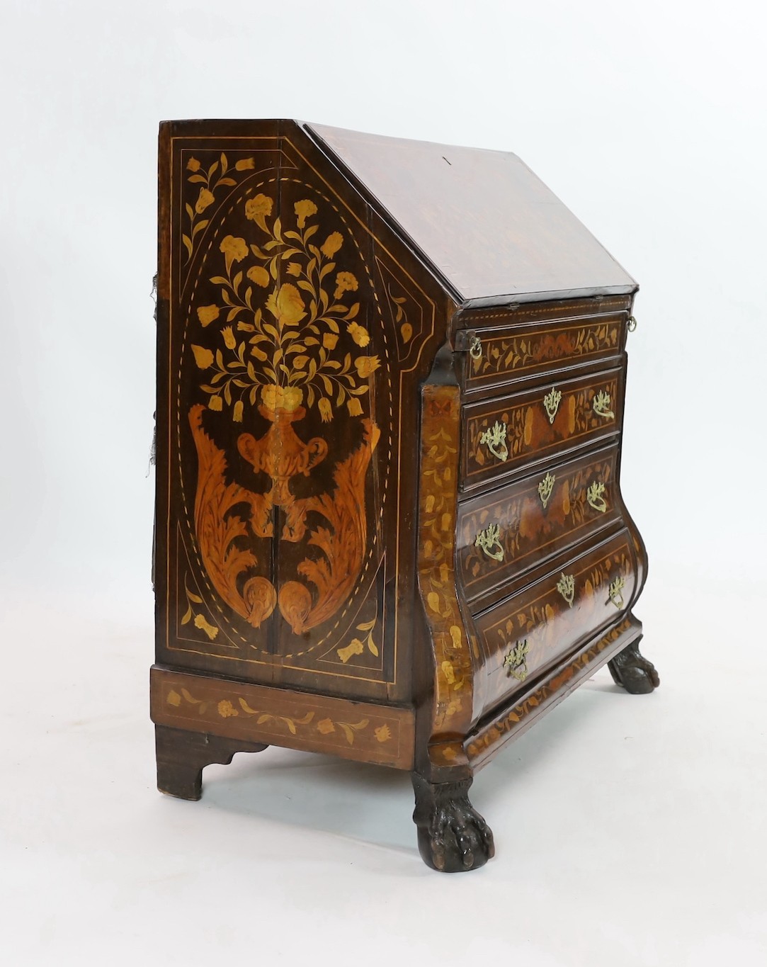 A late 18th century Dutch mahogany and floral marquetry bombé bureau, width 120cm, depth 60cm, height 111cm